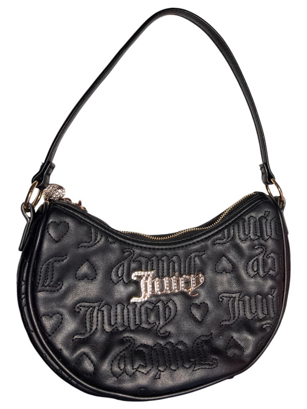 Juicy Couture Black Quilted Logo Crescent Shoulder Bag with Sparkle Plaque